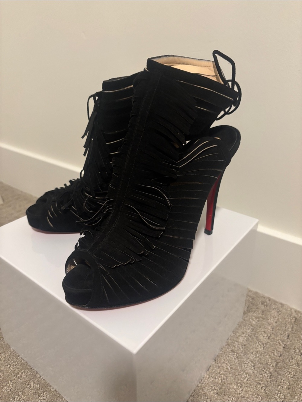 Christian Louboutin Black Suede Fringe Peep-Toe Stilettos